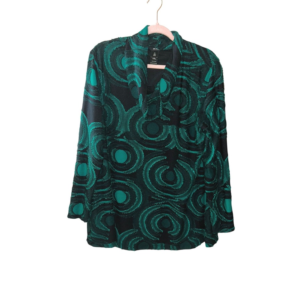 Ali Miles XL Green‎ Black Abstract Swirl Cowl Neck Eyelash Knit Tunic Top Blouse